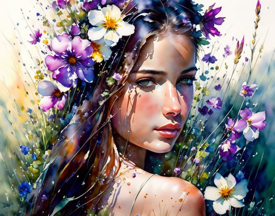 Colorful watercolor painting of woman with wildflowers in intricate detail