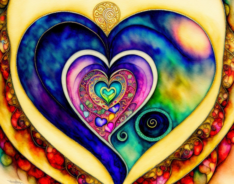 Colorful Watercolor Painting of Nested Hearts in Fractal Pattern