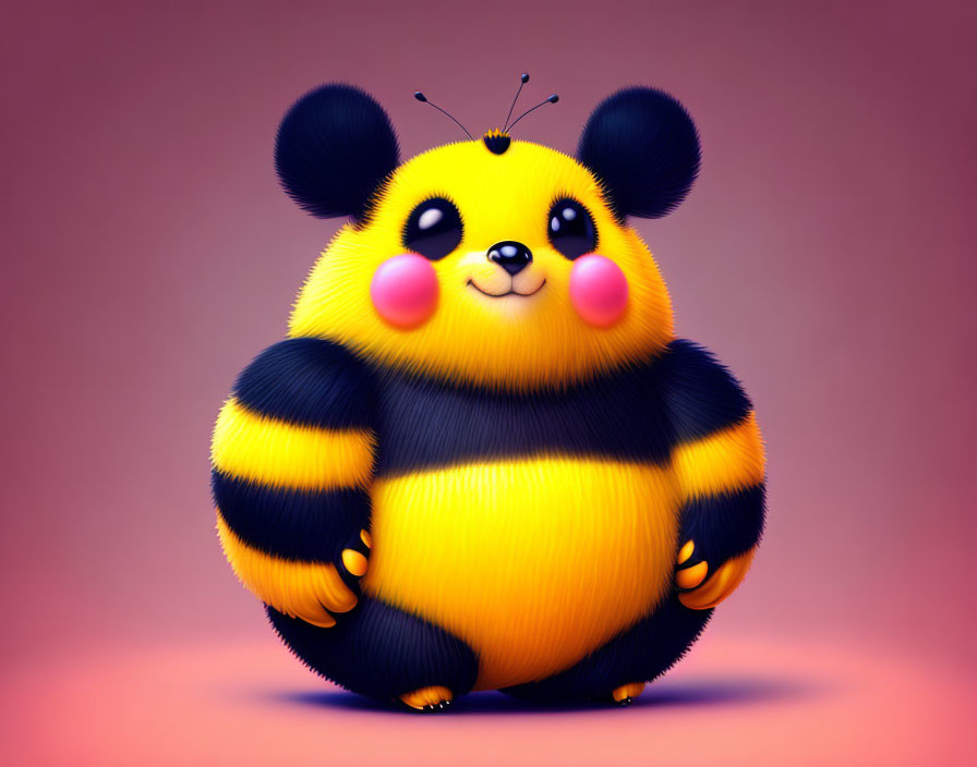 Chubby bee illustration with large eyes on pink background