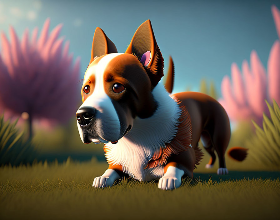 Brown and white corgi 3D illustration on grassy field with pink plants