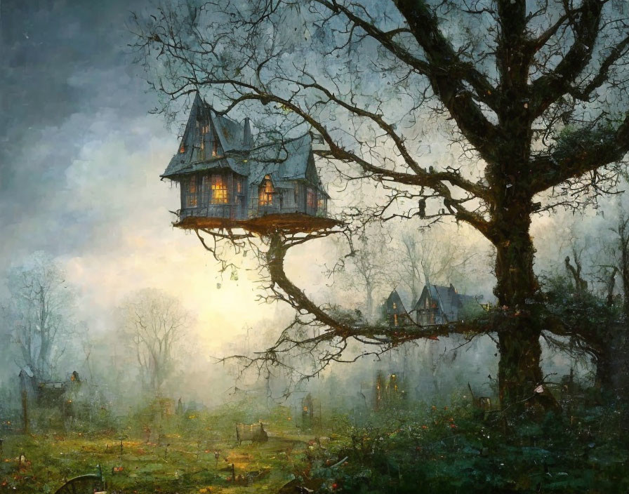 House in large tree over foggy graveyard at twilight