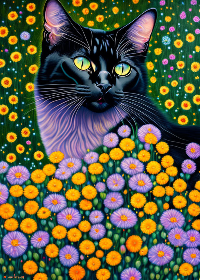 Colorful Artwork: Stylized Black Cat with Yellow Eyes in Daisy Field