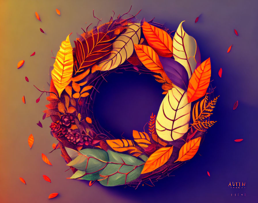 Seasonal digital artwork: Autumn wreath with falling leaves