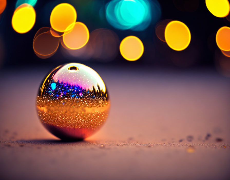 Shiny golden bauble with colorful bokeh lights background