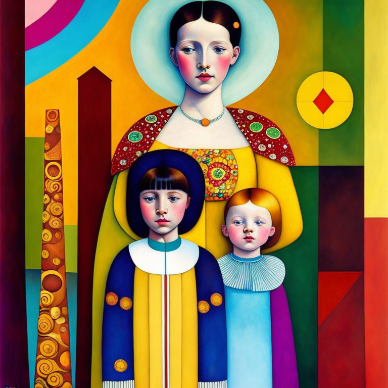 Colorful painting of three solemn figures with geometric patterns, creating a surreal religious atmosphere