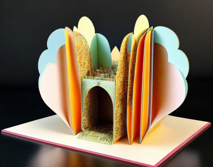 Vibrant pop-up book reveals intricate palace structure on dark background