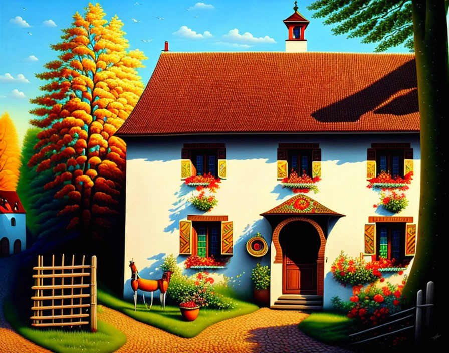 Colorful Illustration of Quaint House, Trees, Flowers, and Deer