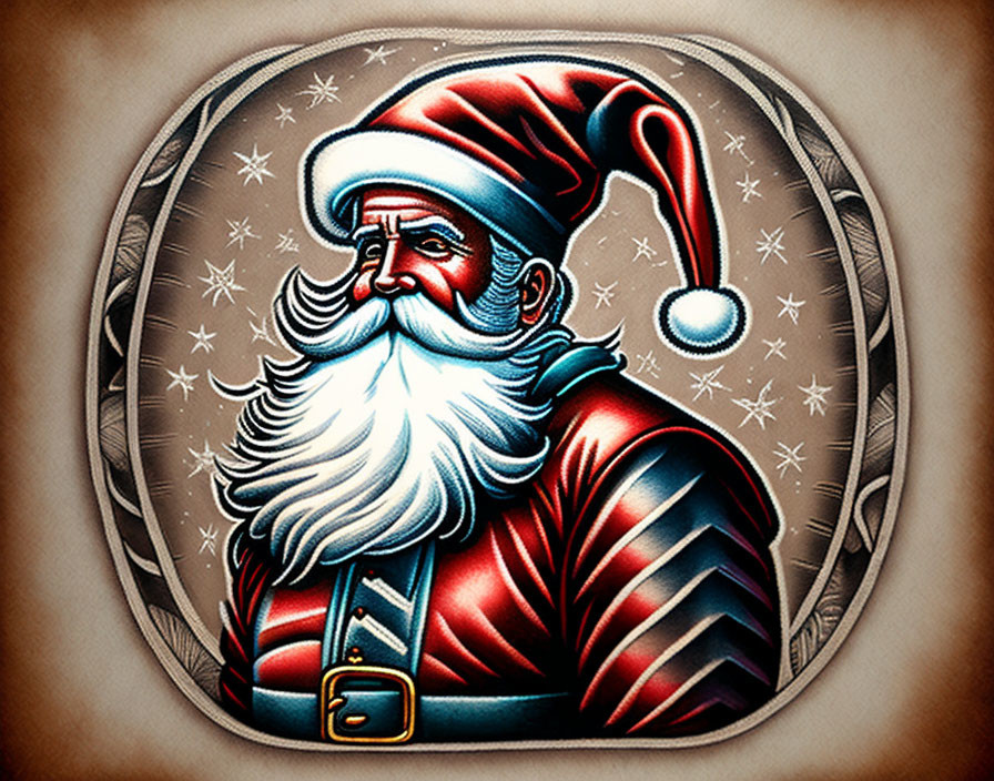 Santa Claus Illustration: White Beard, Red Hat & Jacket, Studded Border, Starry Background