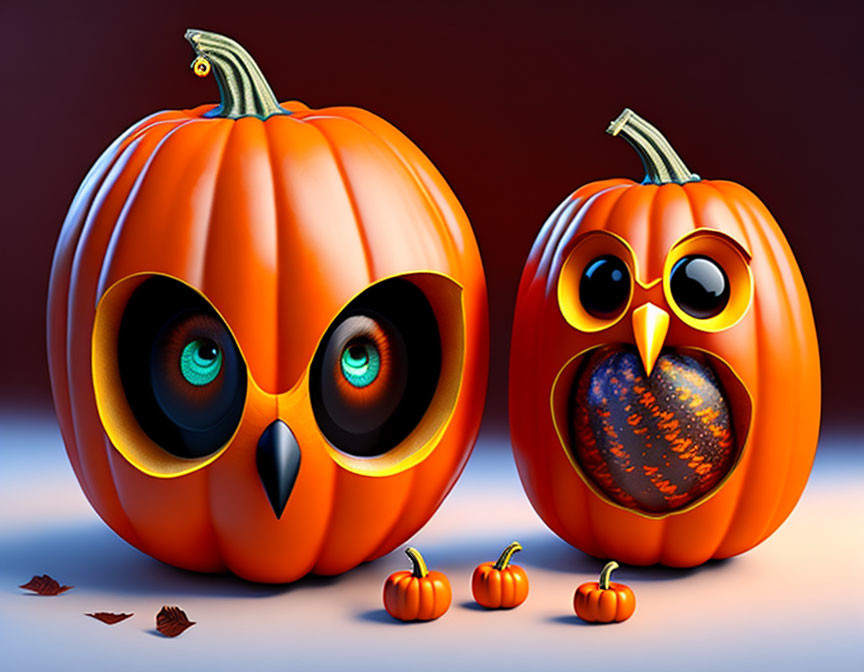 Cartoon-style pumpkins with expressive eyes on warm autumn background