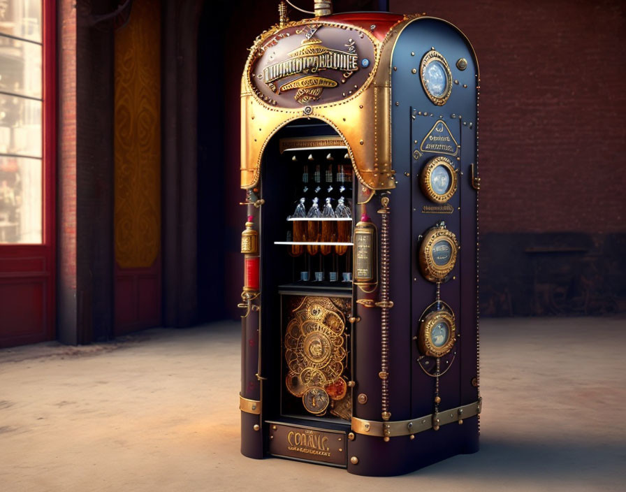 Steampunk-style vending machine with gears and brass accents in vintage industrial setting