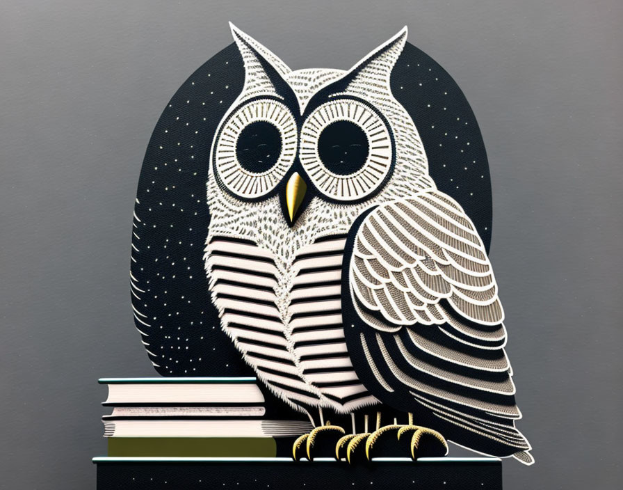 Owl perched on colorful books under starry night sky