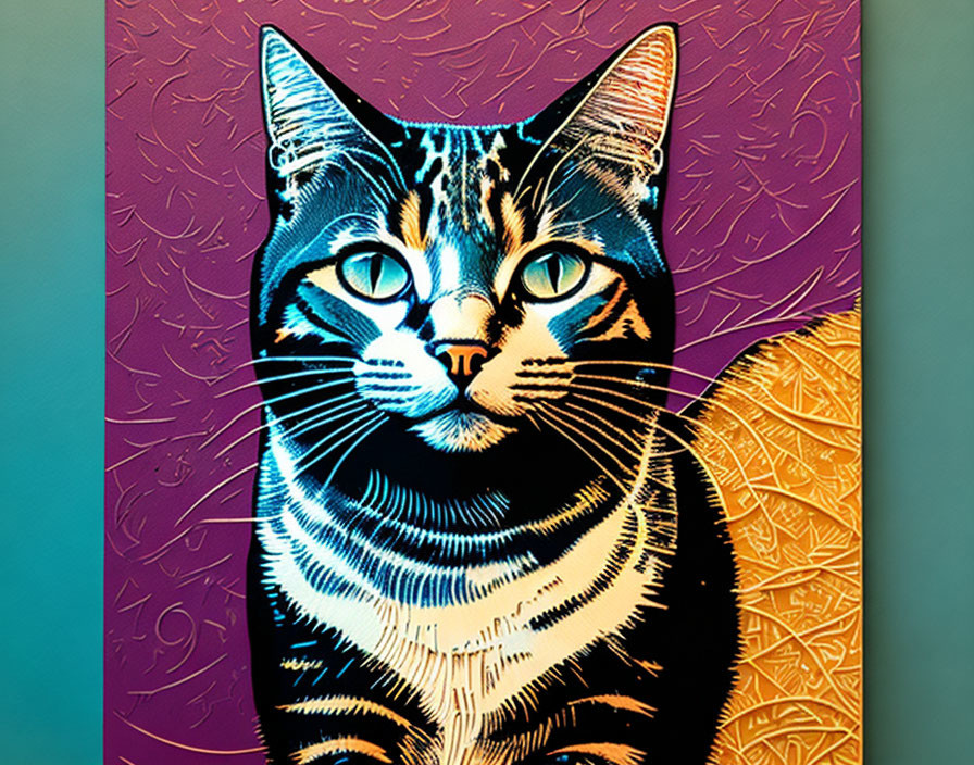 Colorful Cat Artwork with Blue Eyes on Purple and Teal Background