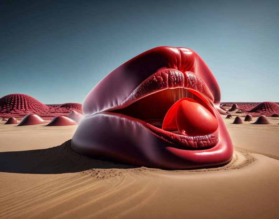 Surreal image: Giant red lips with rolling tongue in sandy dunes