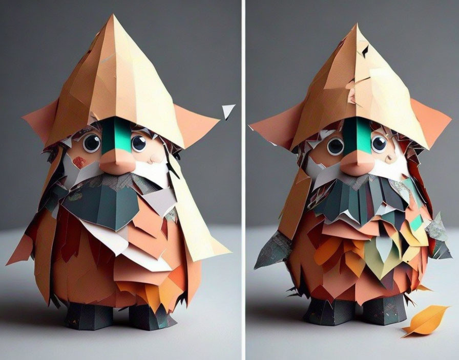 Colorful Geometric Origami Gnomes on Gray Background
