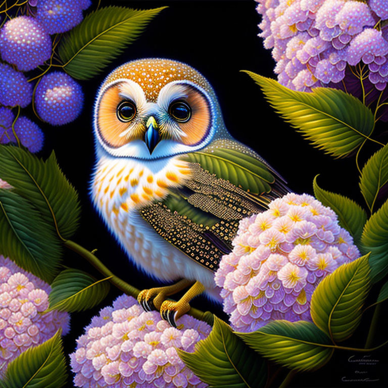 Colorful Owl Illustration Perched on Branch with Hydrangea Flowers