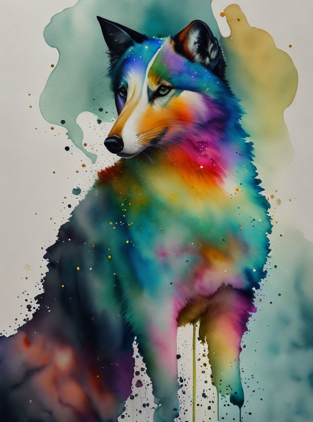 Vibrant Watercolor Painting of a Fox with Abstract Blend of Hues