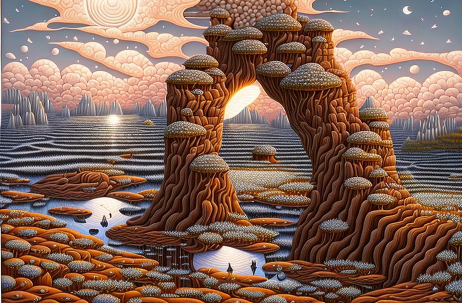 Surreal landscape with mushroom-capped structures and glowing sunset sky