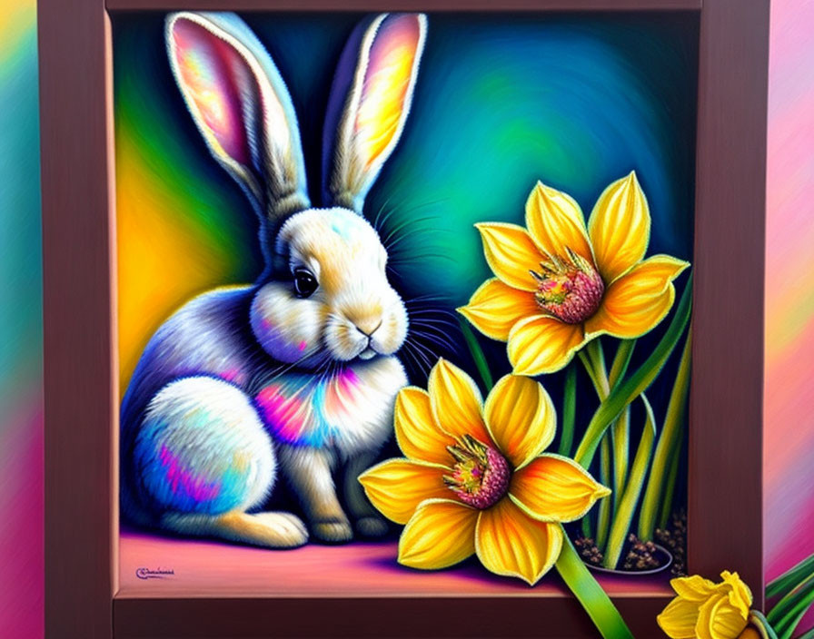 Colorful Rabbit Painting with Yellow Flowers in Abstract Background