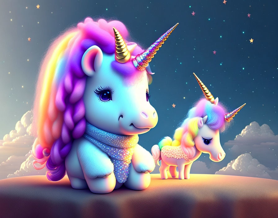 Colorful Stylized Unicorns with Sparkling Manes under Starry Sky