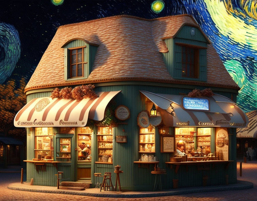 Cozy patisserie facade under Van Gogh-esque night sky