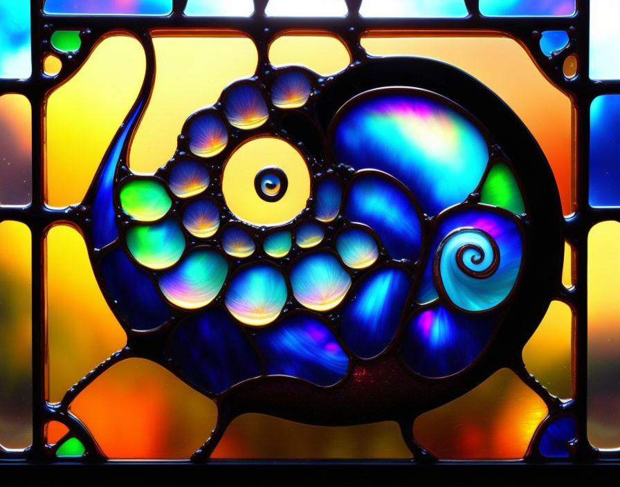 Colorful Stained Glass Panel: Nautilus Shell Design in Blues, Purples, and Y