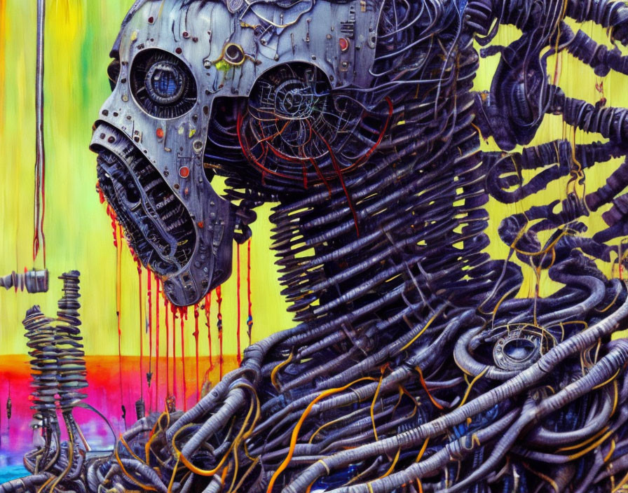 Colorful painting of robotic head with wires and mechanical parts on vibrant backdrop