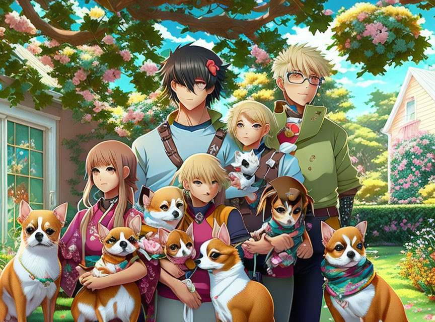 Anime-style characters and corgis in vibrant garden scene