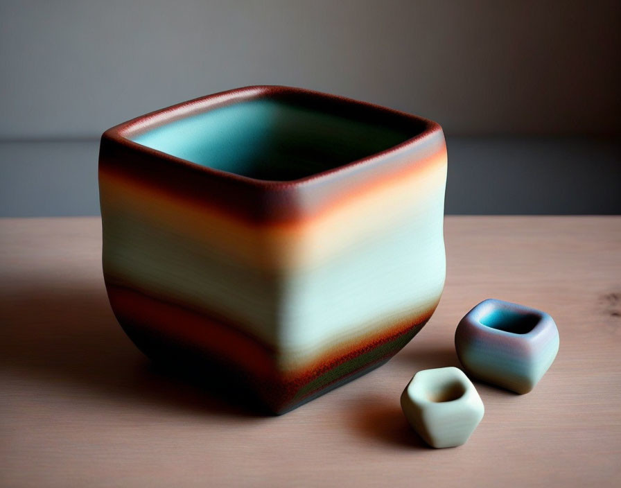 Multicolored Square Ceramic Pot with Two Smaller Matching Pots on Wooden Table