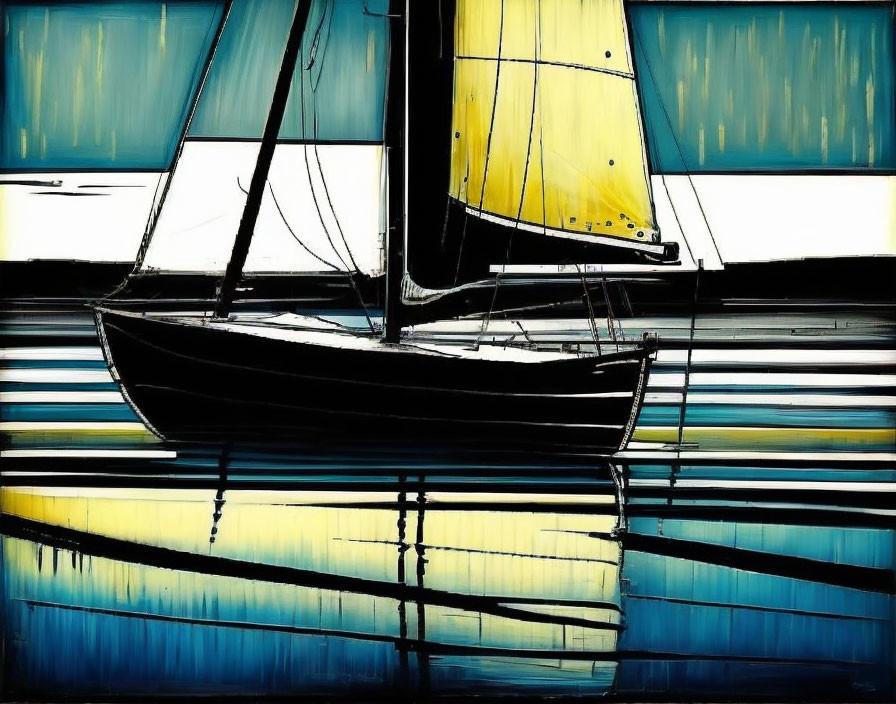 Abstract Sailboat Art with Yellow Sail: Horizontal Distortion & Reflective Colors