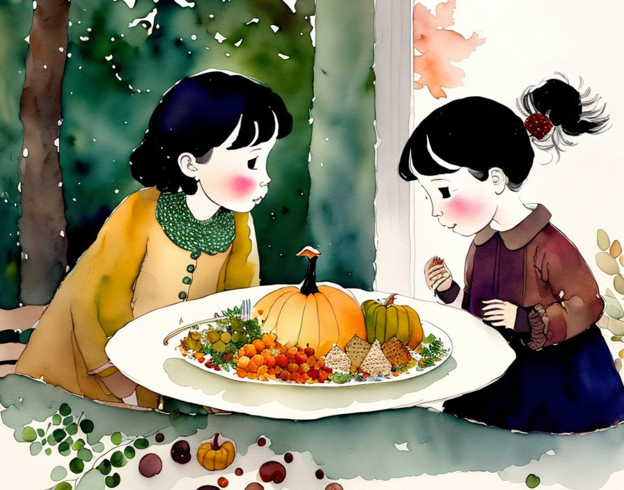 Animated girls in autumn scene with pumpkin and fall treats.