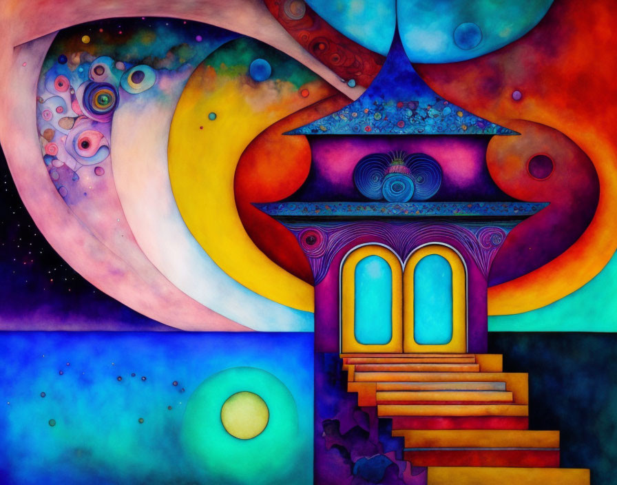 Colorful Abstract Painting: Celestial Bodies, Arches, and Staircase