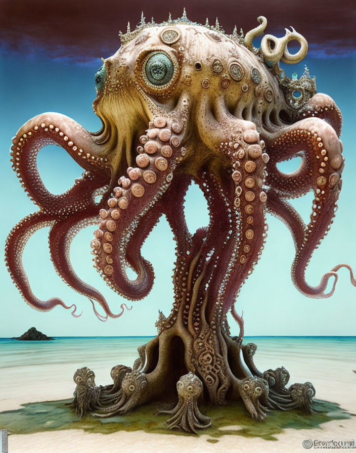 Detailed painting of giant octopus with multiple eyes and intricate textures in seascape scene