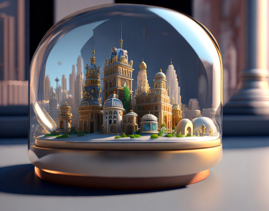 Miniature cityscape in glass dome with classic architecture under soft light.