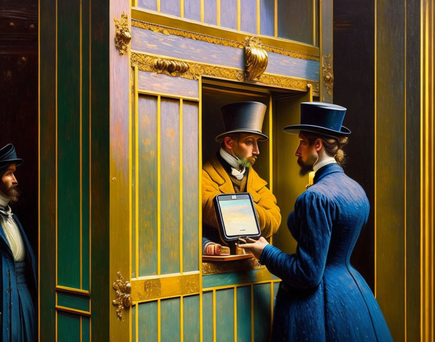 Two people in 19th-century attire with top hats examining a rectangular object near an ornate door