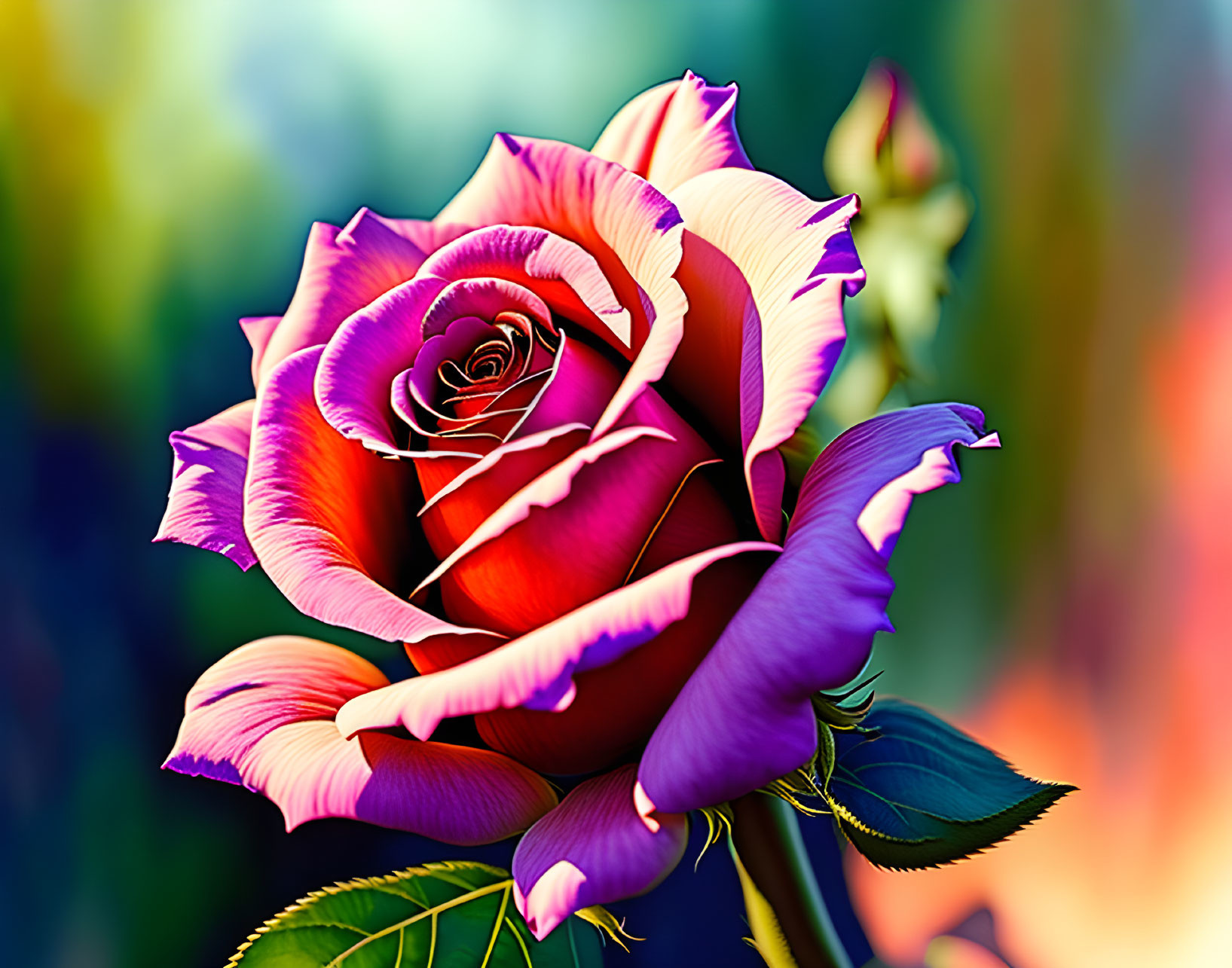 Colorful close-up of purple and pink rose on warm soft-focus background