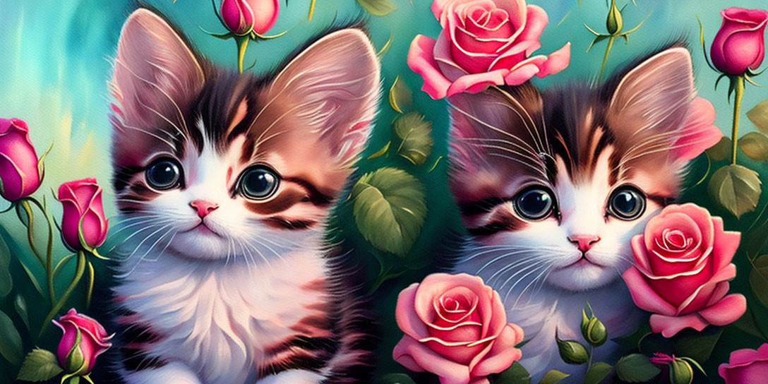 Adorable kittens among pink roses with blue and green background