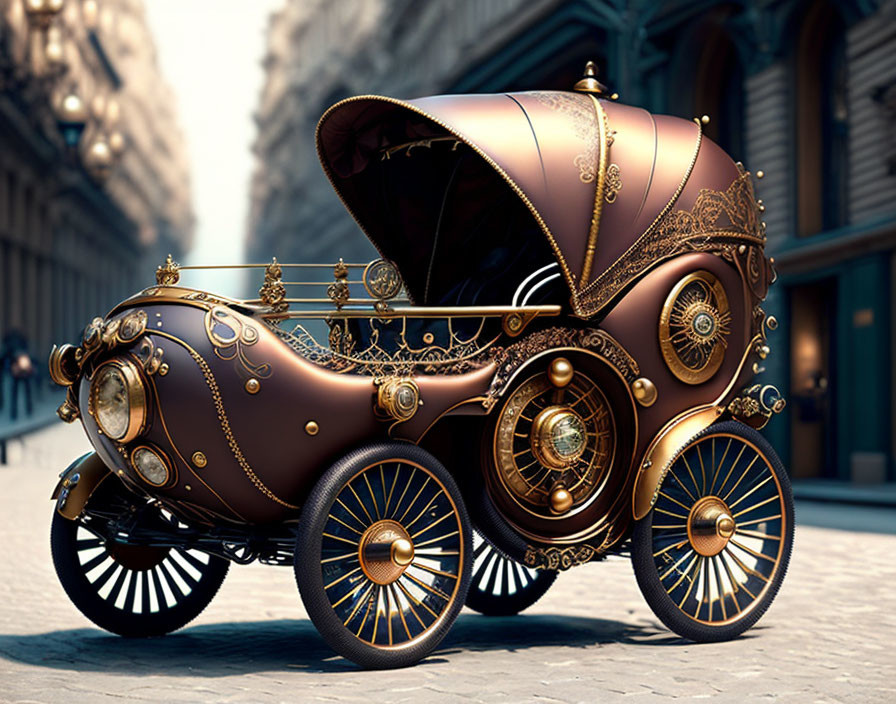 Steampunk-style carriage with gold detailing and gears on cobblestone street