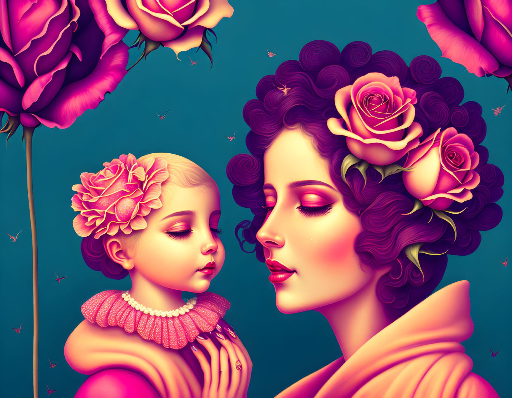 Vibrant pink and blue illustration of woman and child with roses and butterflies