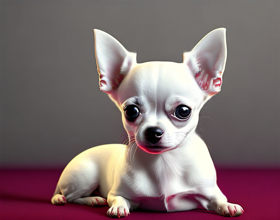 White Chihuahua with large ears on purple surface against gray background