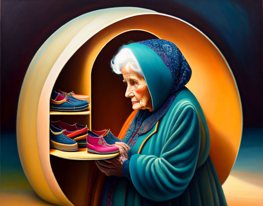 Elderly woman in blue headscarf browsing colorful shoes on circular shelves