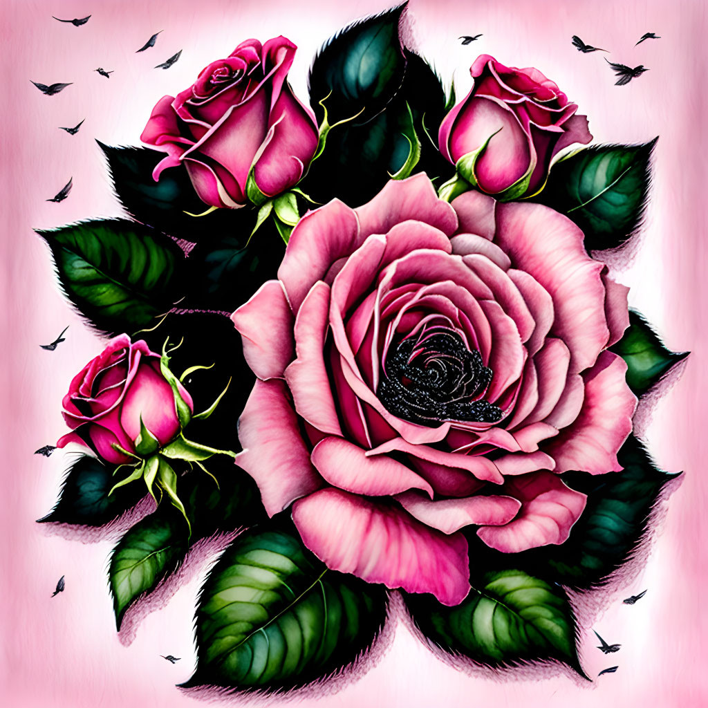 Pink Roses with Dark Edges on Pink Background and Birds Silhouettes