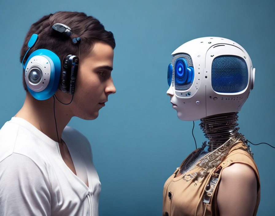 Human and humanoid robot with matching headphones on blue background