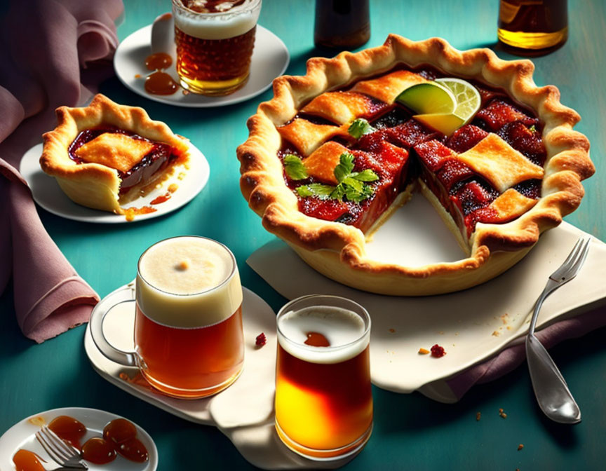 Table Setting with Cherry Pie, Beer, Sauce Bowls, and Teal Background