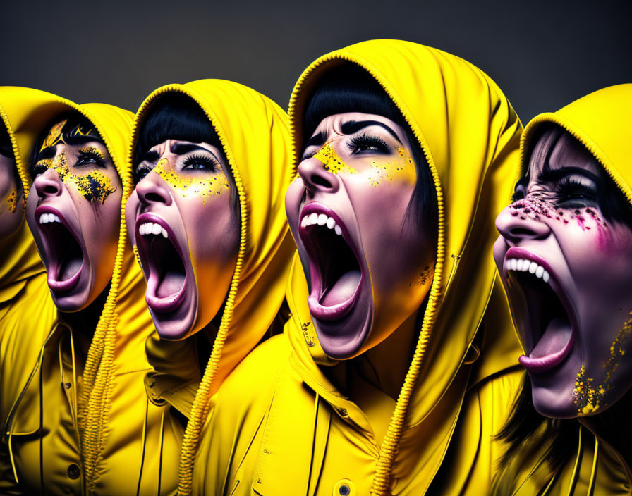 Four personas in yellow hoods with exaggerated emotions and artistic makeup.