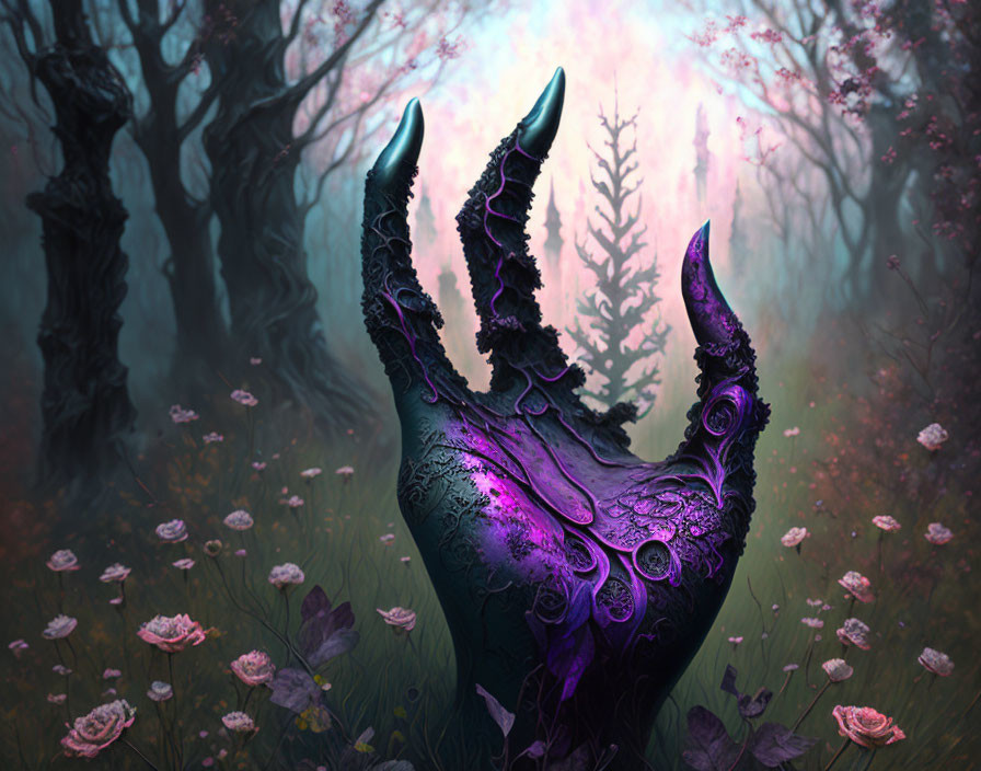 Mystical dark creature with glowing purple eyes in enchanted forest