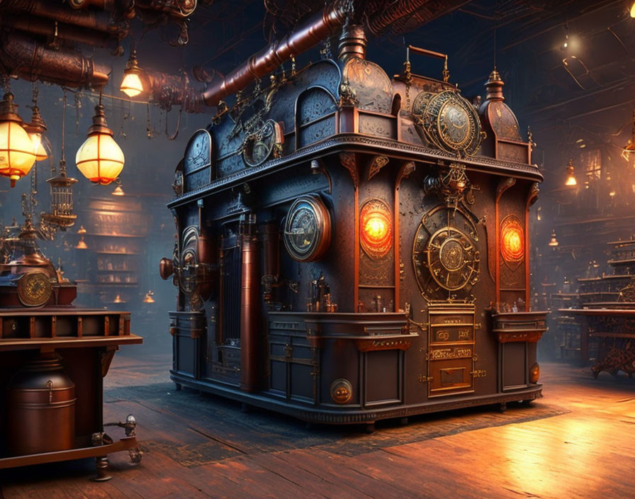 Steampunk-style Bar with Ornate Designs and Brass Pipes