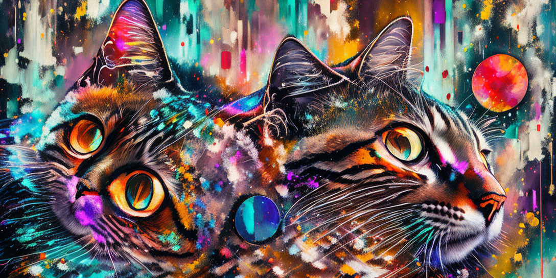 Colorful digital artwork featuring two cats in cosmic setting