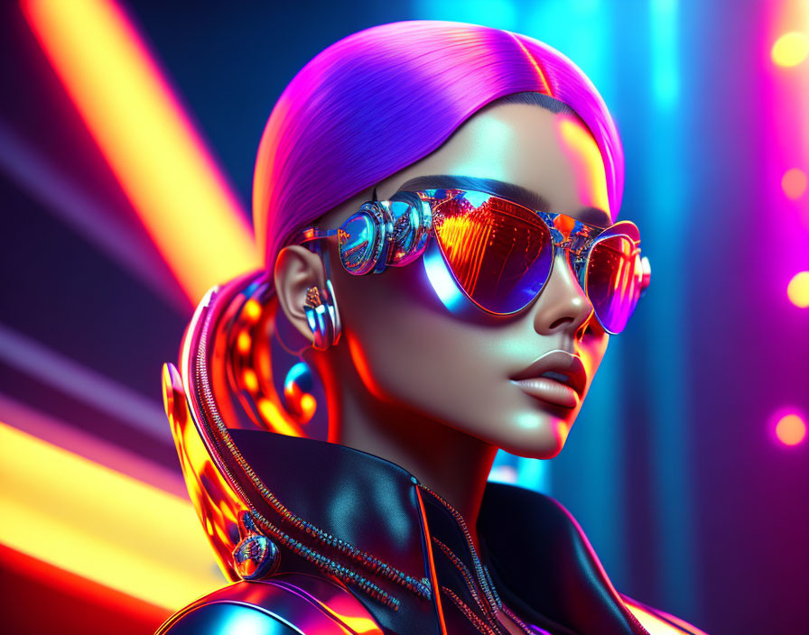 Colorful 3D Illustration: Woman with Purple Hair and Futuristic Sunglasses in Neon-l