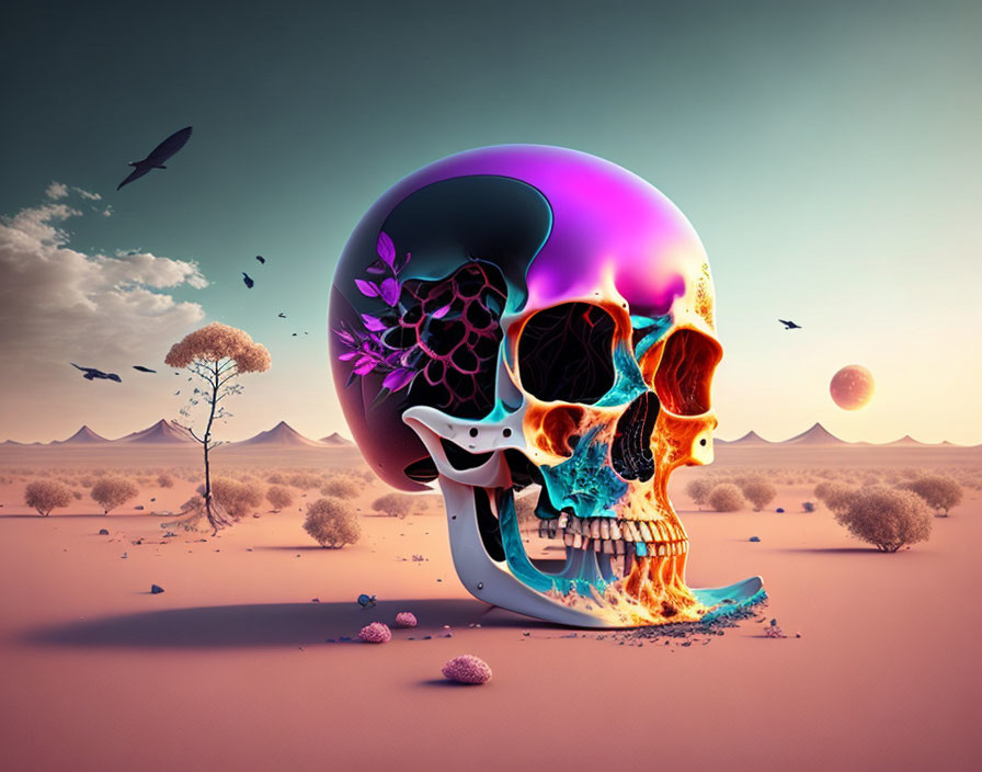 Colorful Skull with Textures in Desert Landscape with Birds and Planet