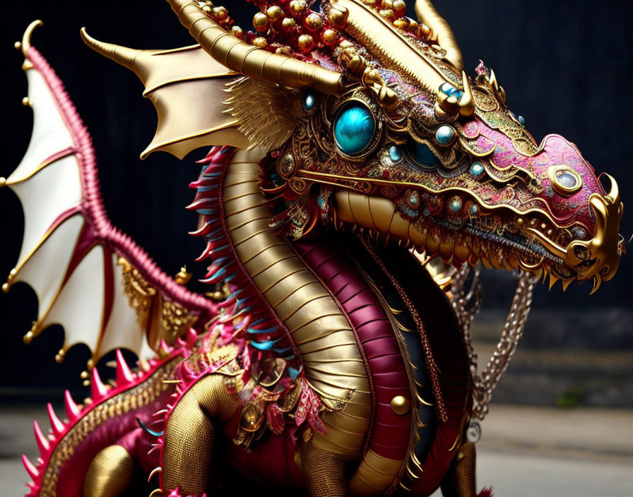 Golden Dragon Statue with Blue Gemstone Eyes on Dark Background